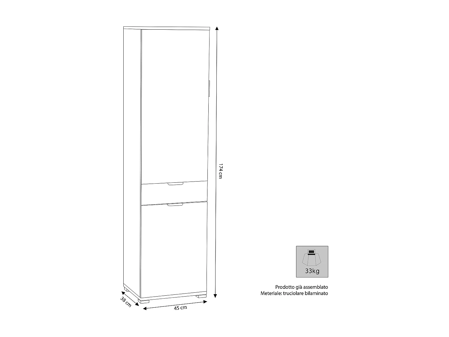 MilaniHome.it - armadio con 3 ante e un cassetto per soggiorno cucina bagno fatto in Italia cm 45x38x174 hdi coloreBianco