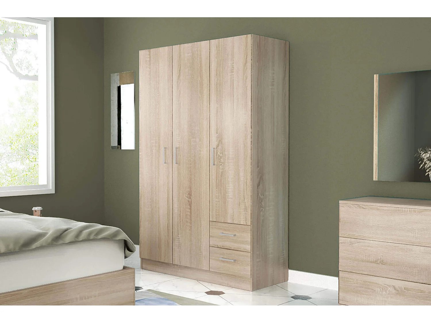 MilaniHome.it - armadio di design con 3 ante 2 cassetti di design moderno contemporaneo cm 120 x 52 x 190 hdi coloreQuercia Chiaro