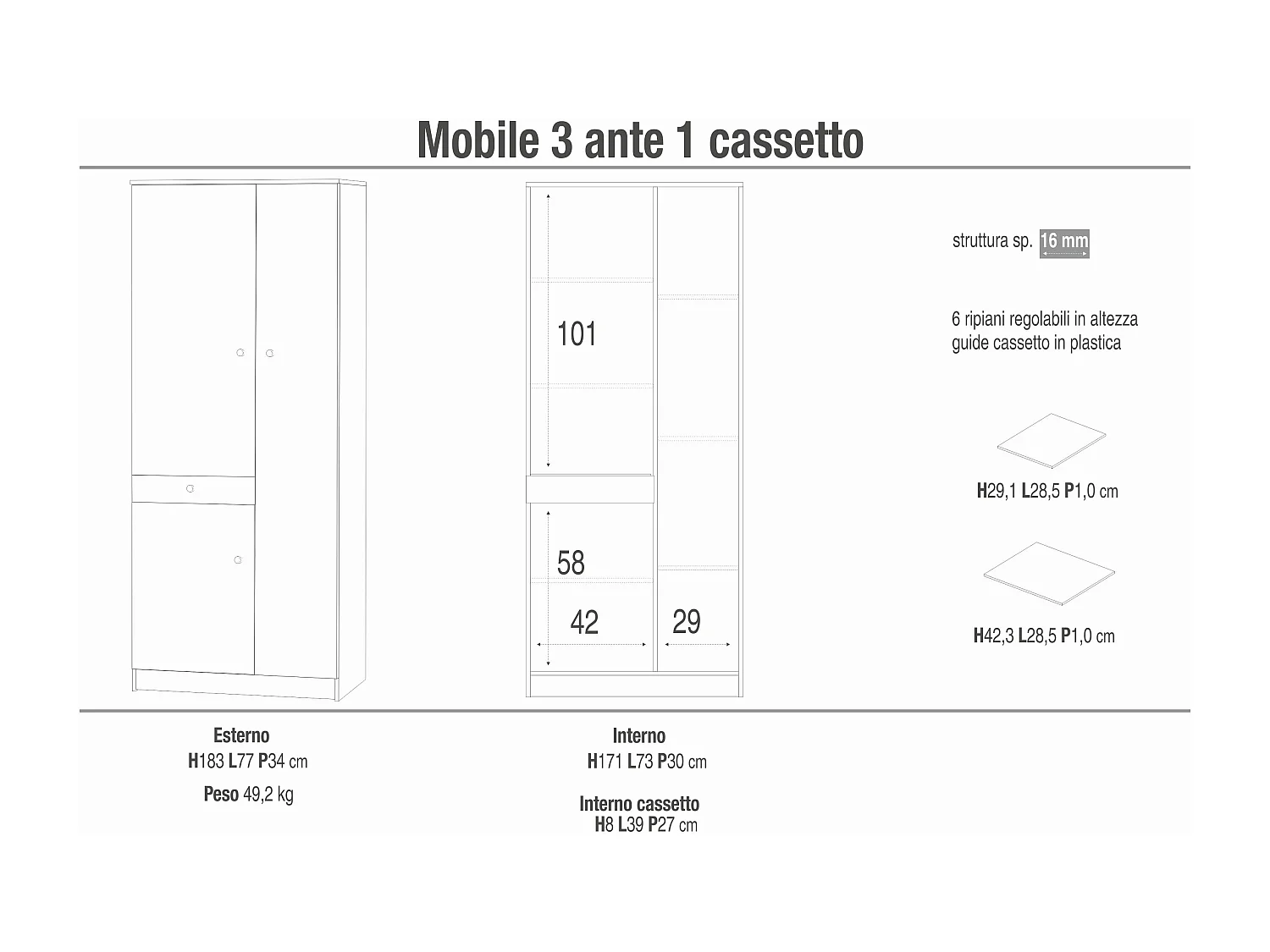 MilaniHome.it - armadio compatto con tre ante e un cassetto di design essenziale cm 77 l x 34 p x 183 hdi coloreBeige