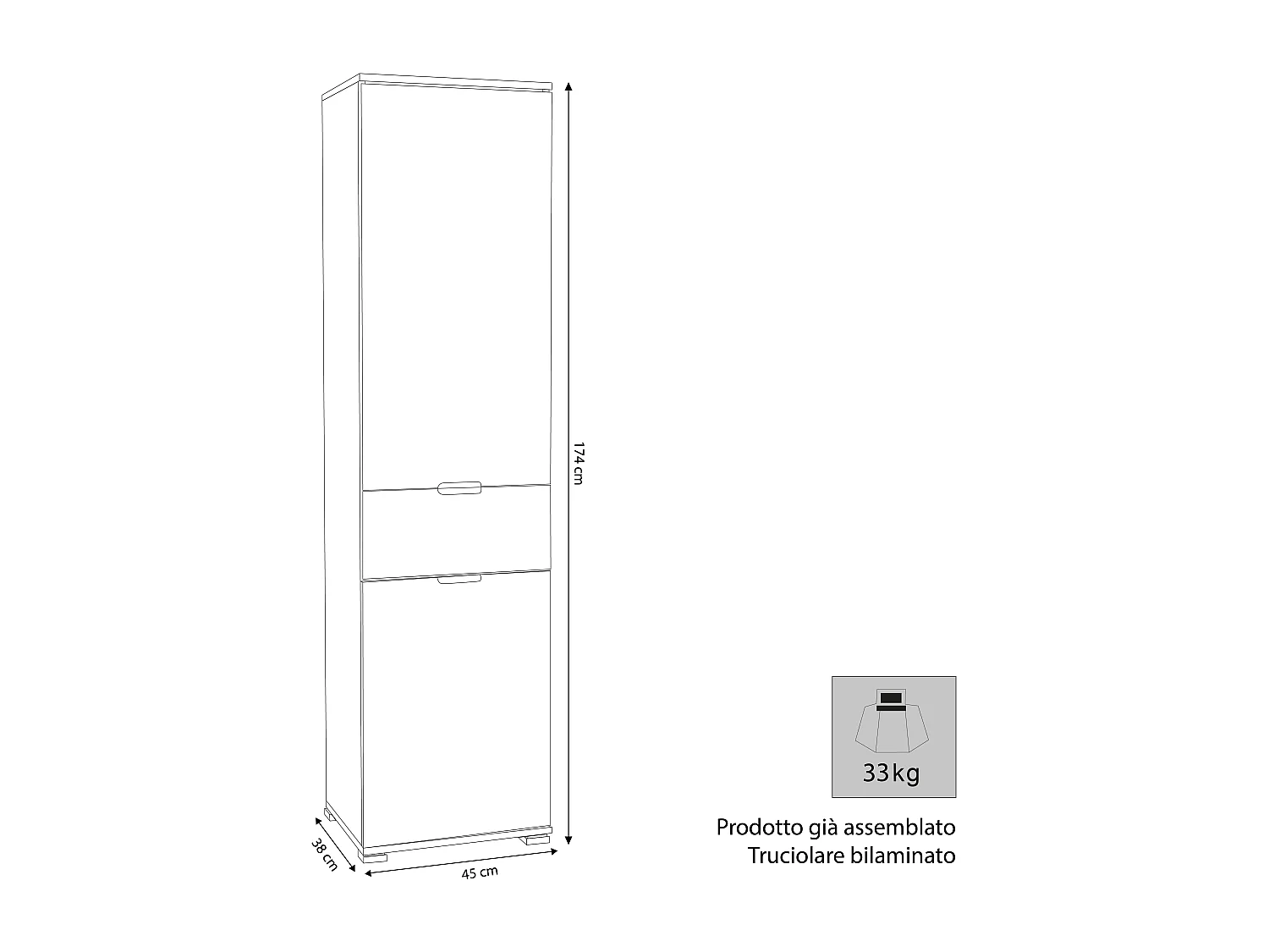 MilaniHome.it - armadio con 3 ante e un cassetto per soggiorno cucina bagno fatto in Italia cm 45x38x174 hdi coloreMarrone