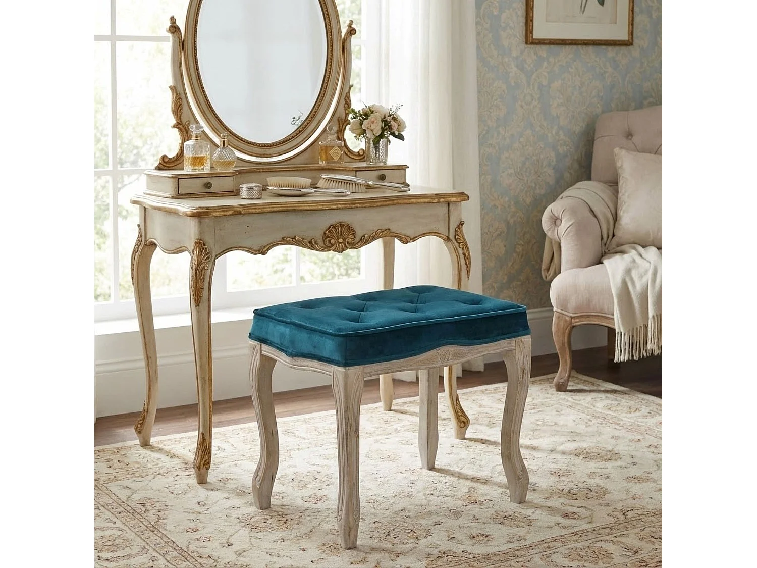 MilaniHome.it - sgabello vintage in velluto di design moderno vintage cm 50x36x47 hdi coloreBlu