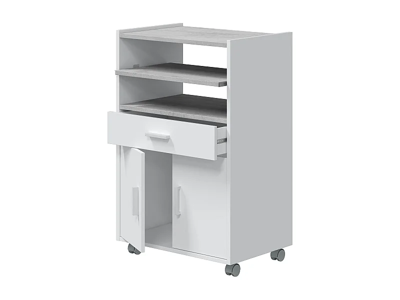 Meuble pour micro-ondes, sur roulettes en bois mélaminé blanc effet béton - Longueur 59 x Hauteur 92 x Profondeur 40cm