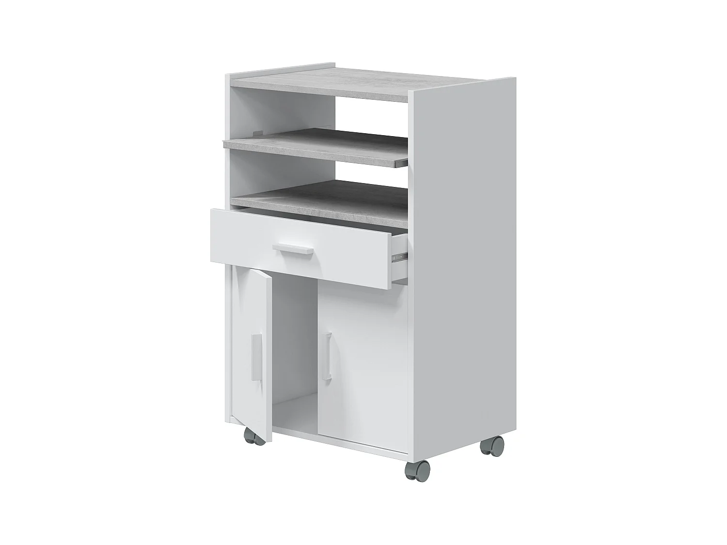 Meuble pour micro-ondes, sur roulettes en bois mélaminé blanc effet béton - Longueur 59 x Hauteur 92 x Profondeur 40cm