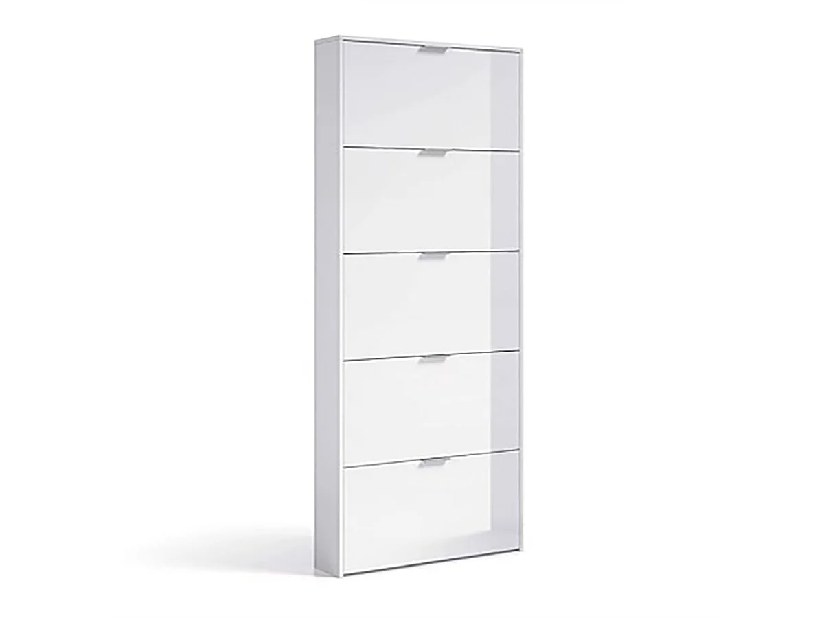 Commode meuble à chaussures en bois de 5 abattants couleur blanc brillant - Longueur 70 x Hauteur 180 x Profondeur 17 cm