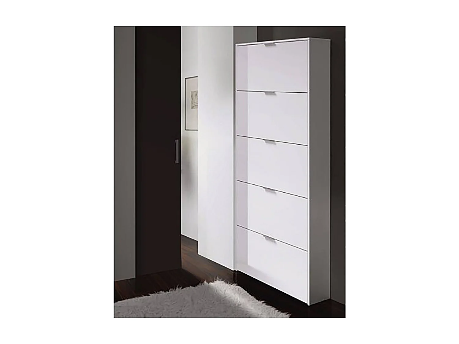 Commode meuble à chaussures en bois de 5 abattants couleur blanc brillant - Longueur 70 x Hauteur 180 x Profondeur 17 cm