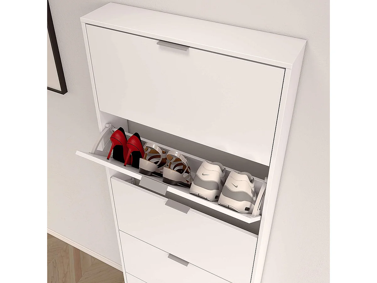 Commode meuble à chaussures en bois de 5 abattants couleur blanc brillant - Longueur 70 x Hauteur 180 x Profondeur 17 cm