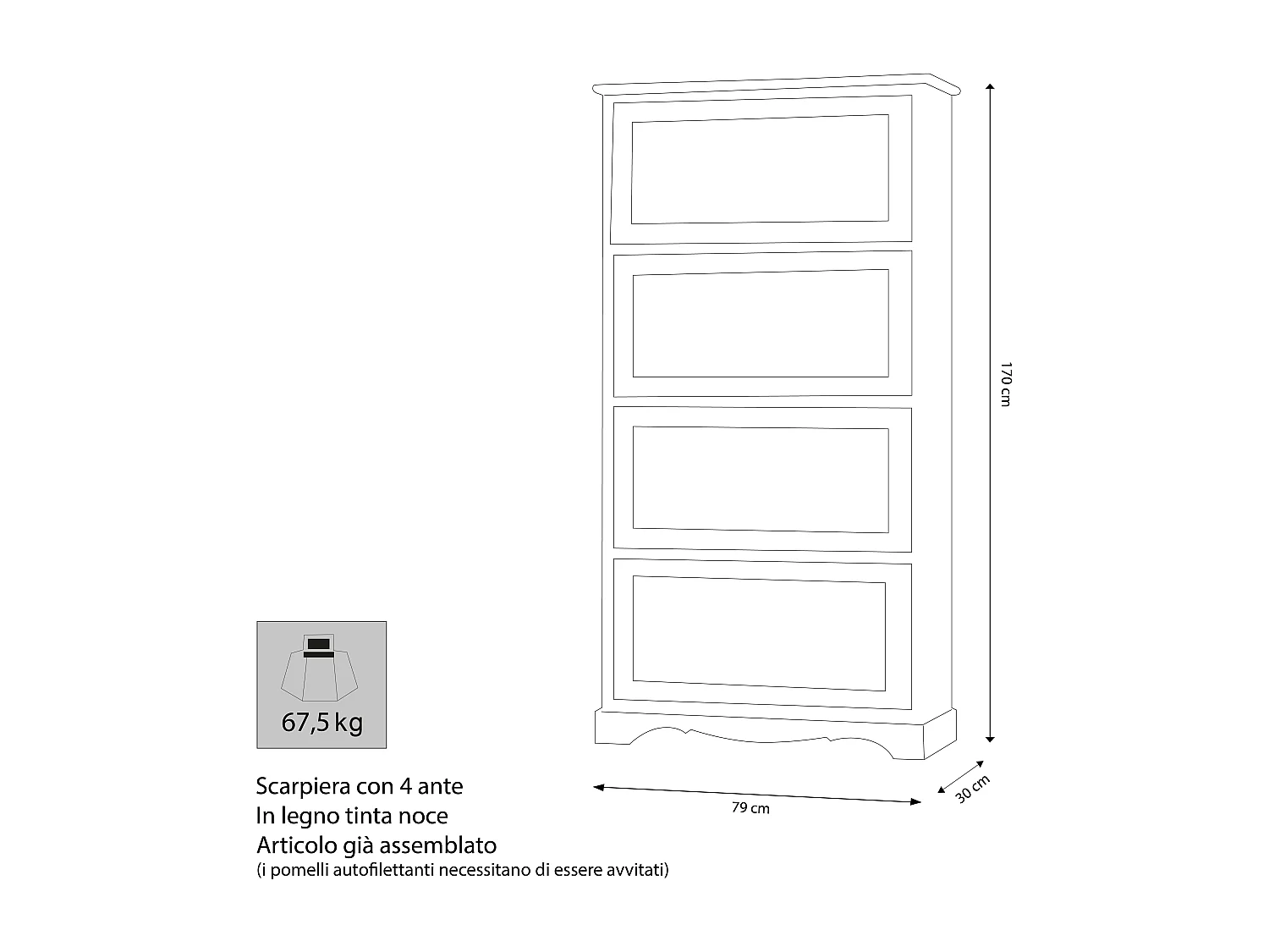 MilaniHome.it - Scarpiera In Legno Massello 79x30x170 Colore: Tinta nocedi coloreTinta noce