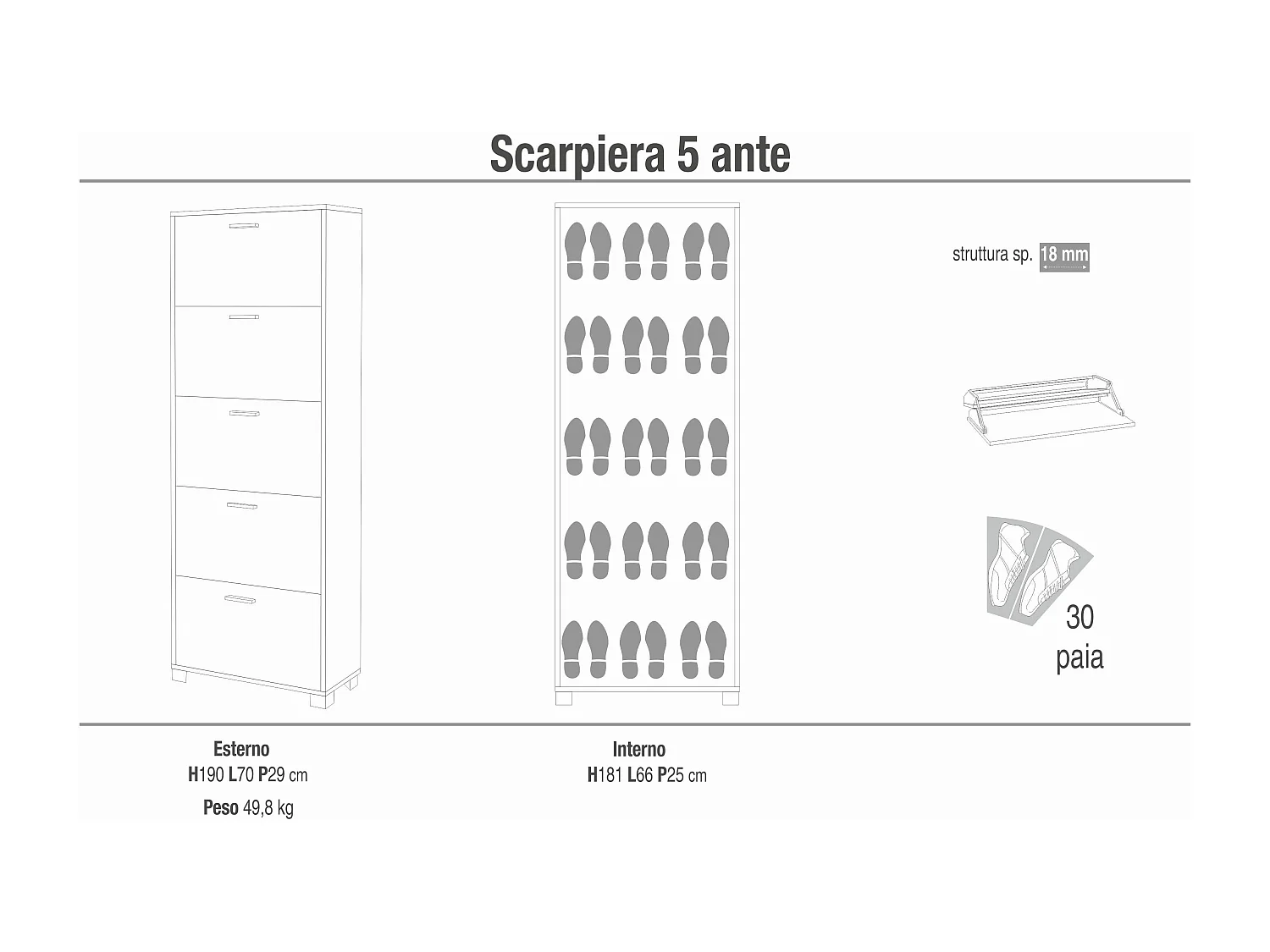 MilaniHome.it - scarpiera a 5 ante di design moderno cm 70 l x 29 p x 187 hdi coloreBianco