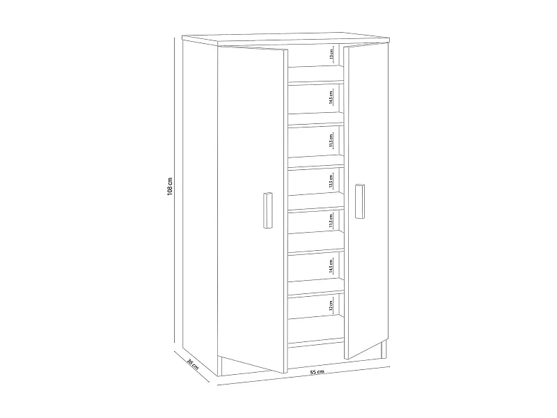 Armoire meuble à chaussures en bois couleur chêne canadien - Longueur 108 x Hauteur 55 x Profondeur 36 cm