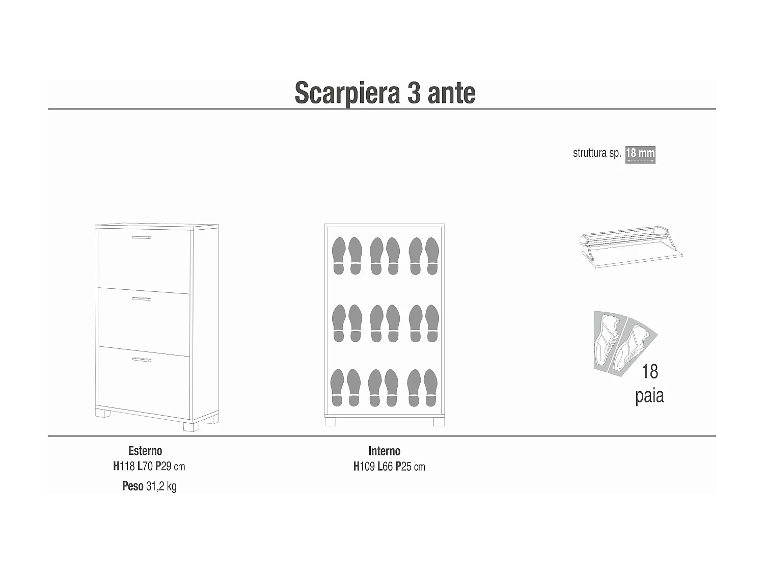 MilaniHome.it - scarpiera a 3 ante di design moderno cm 70 l x 29 p x 118 hdi coloreBianco