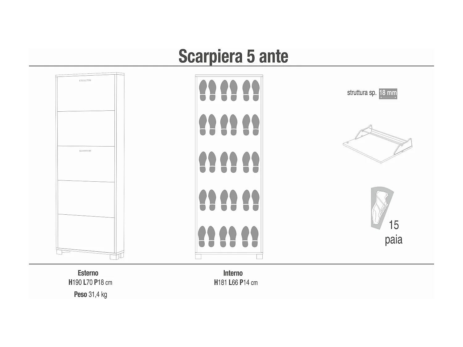 MilaniHome.it - scarpiera a 5 ante di design moderno cm 70 l x 18 p x 190 hdi coloreMarrone