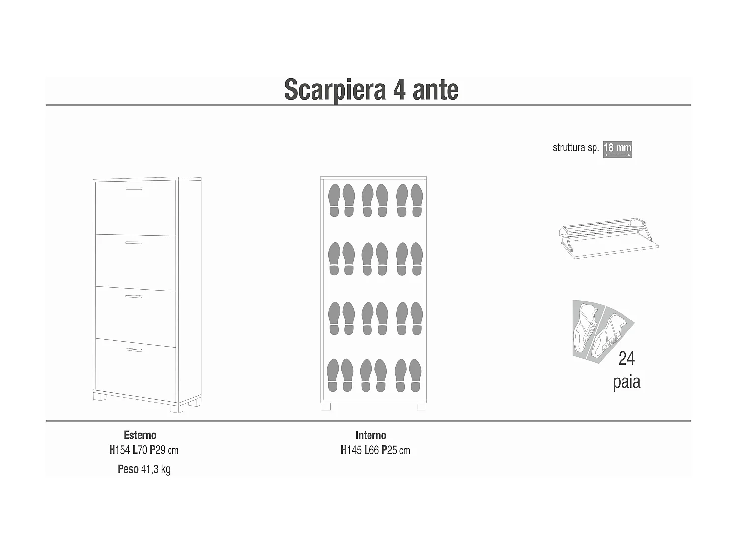 MilaniHome.it - scarpiera a 4 ante di design moderno cm 70 l x 29 p x 151 hdi coloreBianco