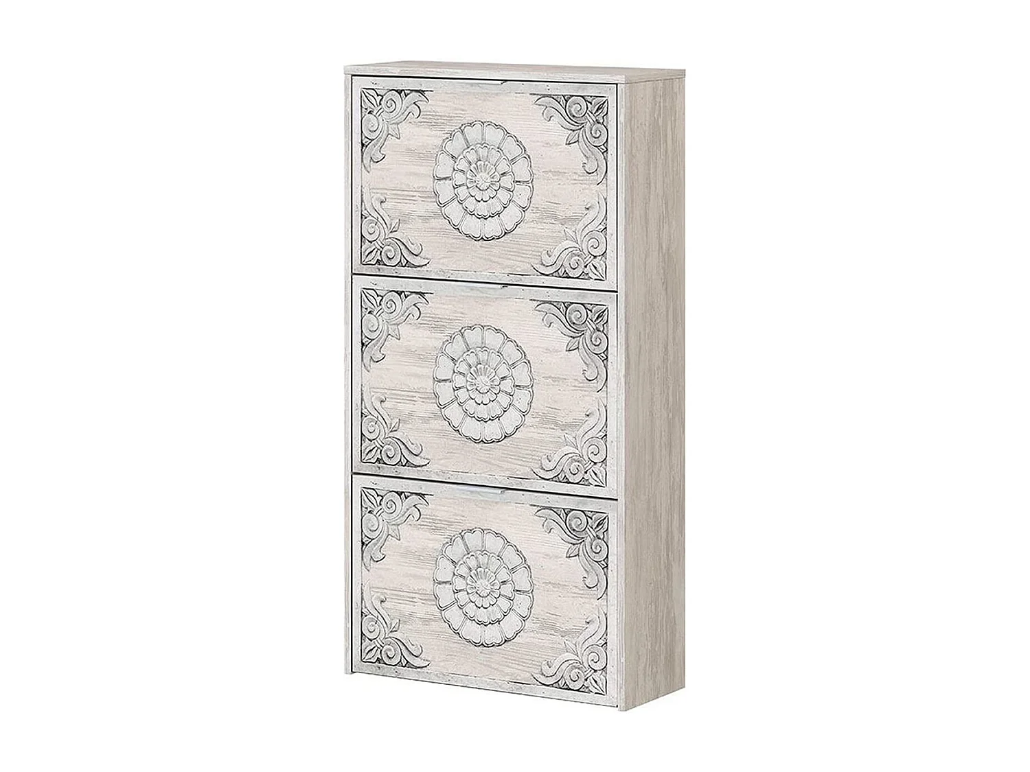 Meuble à Chaussures avec 3 abattants couleur chêne gris blanchie / impression digitale mandala - Longueur 60 x Hauteur 113 x Profondeur 22 cm