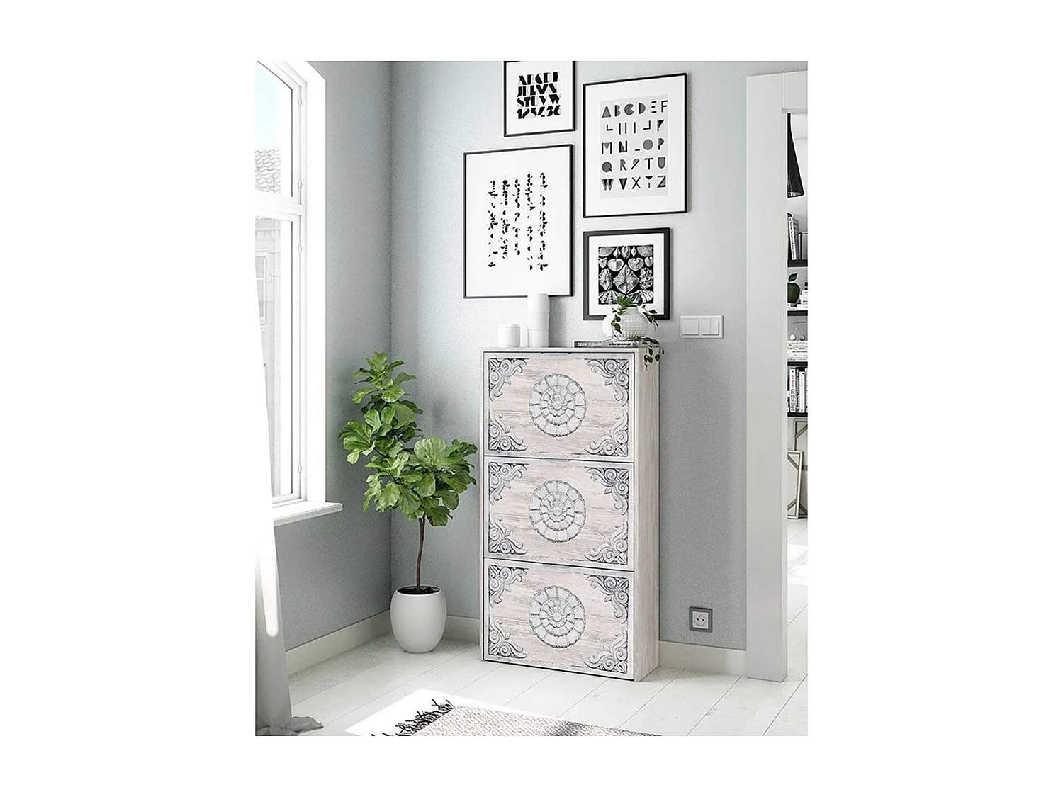 Meuble à Chaussures avec 3 abattants couleur chêne gris blanchie / impression digitale mandala - Longueur 60 x Hauteur 113 x Profondeur 22 cm