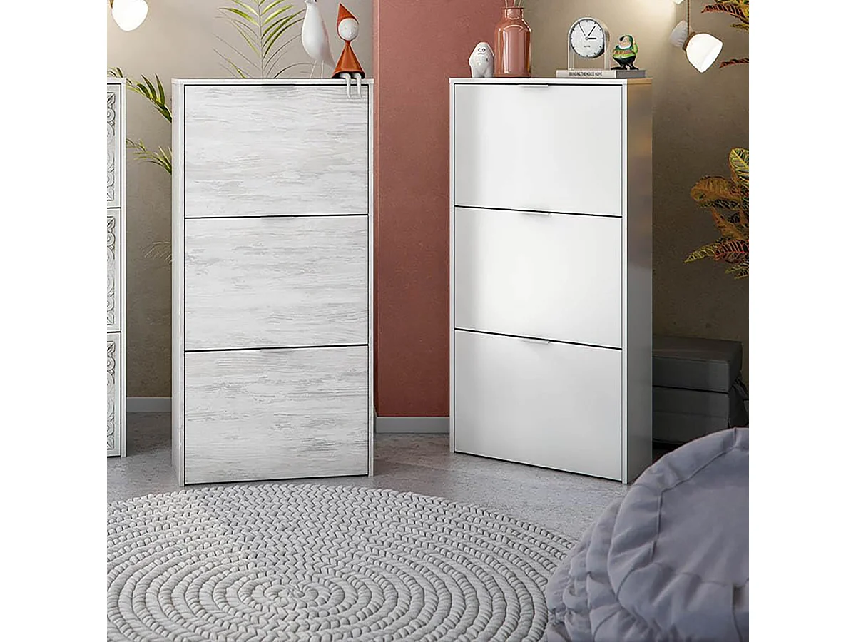 Meuble à Chaussures avec 3 abattants couleur chêne gris blanchie / impression digitale mandala - Longueur 60 x Hauteur 113 x Profondeur 22 cm