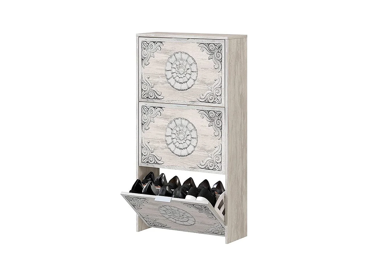 Meuble à Chaussures avec 3 abattants couleur chêne gris blanchie / impression digitale mandala - Longueur 60 x Hauteur 113 x Profondeur 22 cm