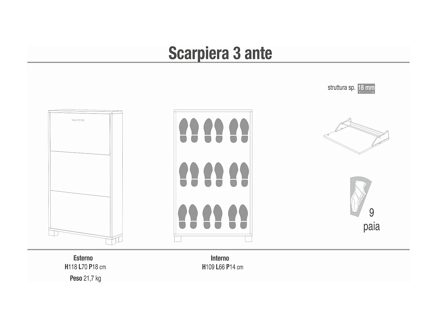 MilaniHome.it - scarpiera a 3 ante di design moderno cm 70 l x 18 p x 118 hdi coloreBianco
