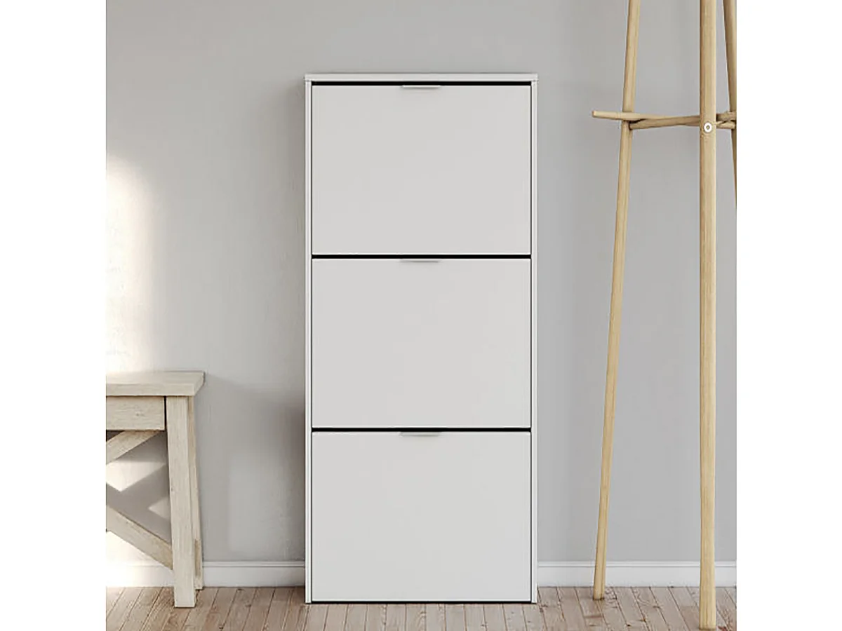 Commode meuble à chaussures en bois de 3 portes couleur blanc brillant - Longueur 60 x Hauteur 113 x Profondeur 22 cm