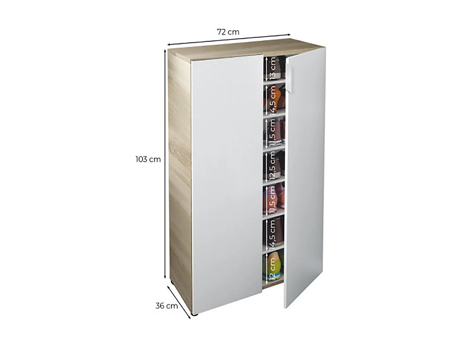 Meuble à Chaussures avec 6 étagéres couleur blanc mat / ciment - Longueur 72 x Hauteur 103 x Profondeur 36 cm