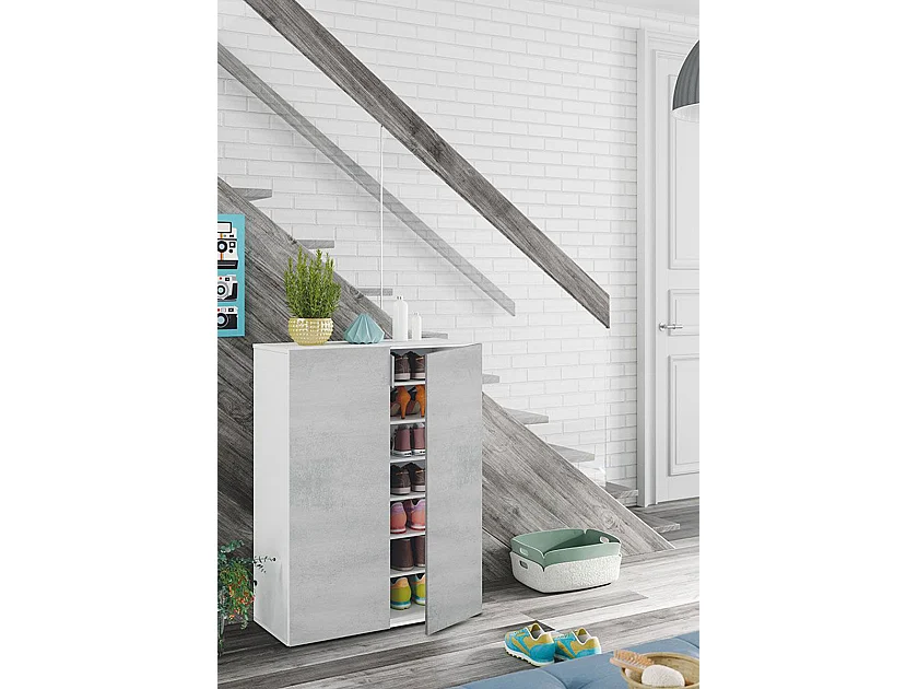 Meuble à Chaussures avec 6 étagéres couleur blanc mat / ciment - Longueur 72 x Hauteur 103 x Profondeur 36 cm