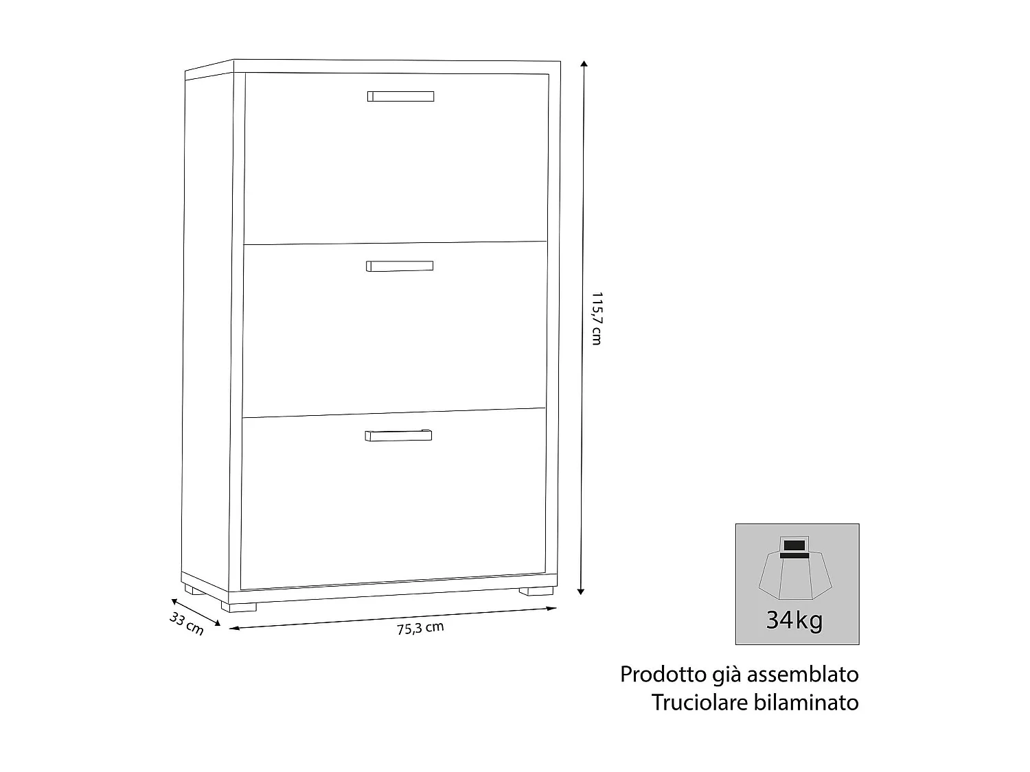 MilaniHome.it - scarpiera 3 ante a ribalta per soggiorno cucina bagno fatto in Italia cm 75,3x33x115,7 h Colore: Bianco Cementodi coloreBianco Cemento