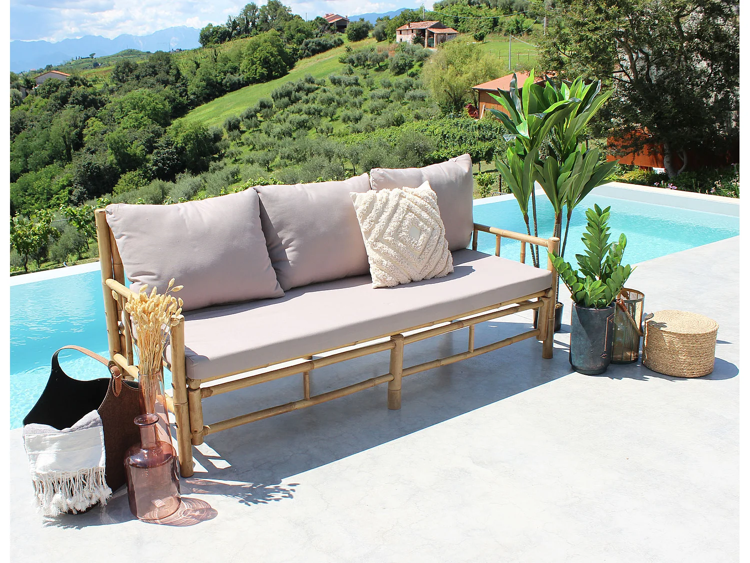 MilaniHome.it - divano da giardino in bamboo di design per esterno giardino cm 180 l x 70 p x 80 hdi coloreGrigio