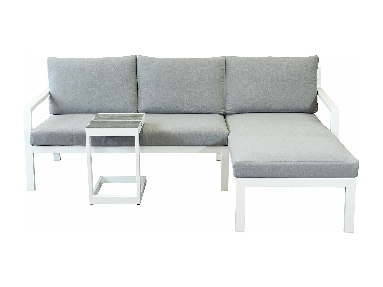 MilaniHome.it - divano con tavolino da esterno in alluminio di design per esterno giardino Divano: cm 70/135x75/140x75 h Tavolino: cm 32x40x53 hdi coloreGrigio