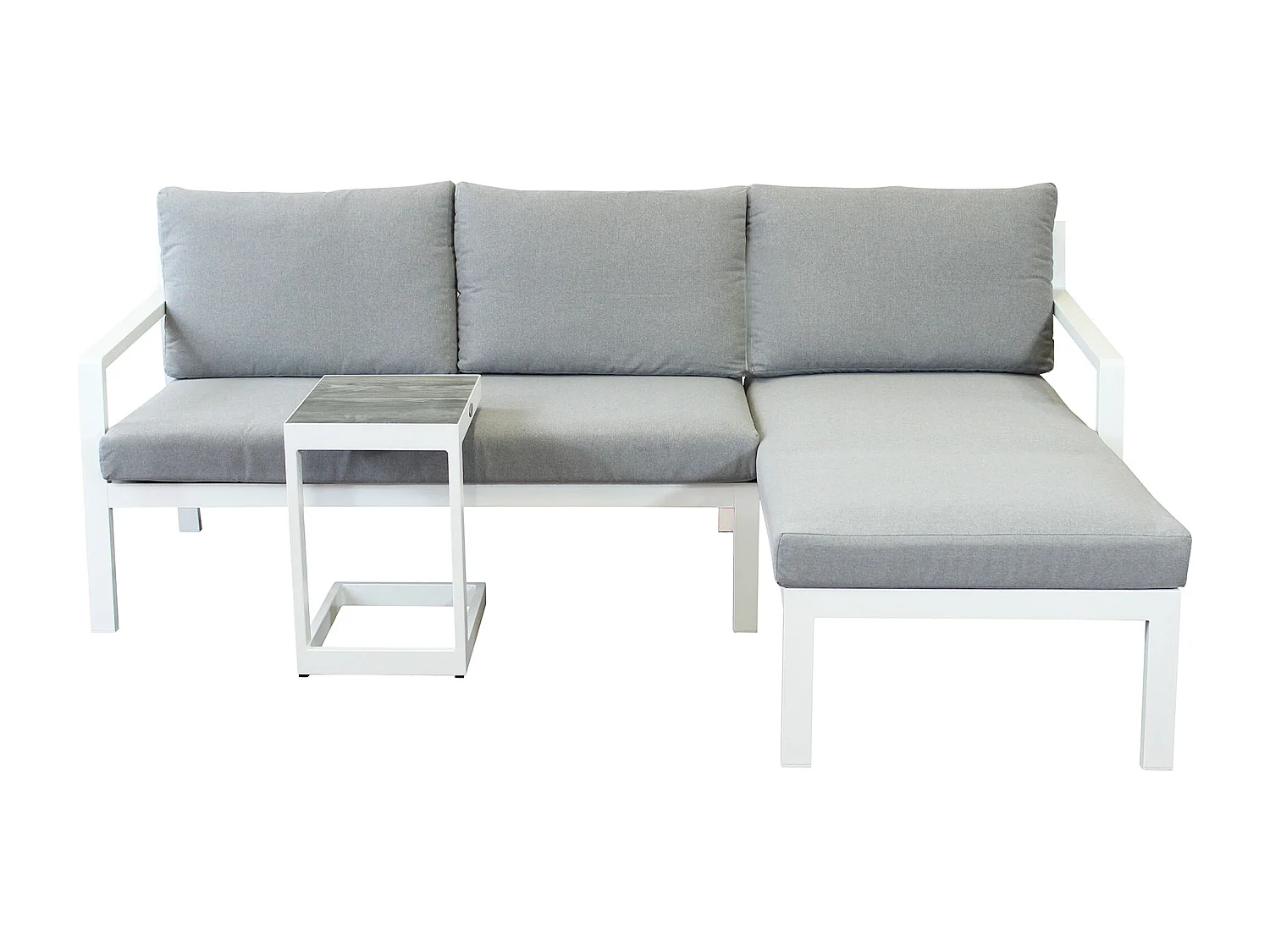 MilaniHome.it - divano con tavolino da esterno in alluminio di design per esterno giardino Divano: cm 70/135x75/140x75 h Tavolino: cm 32x40x53 hdi coloreGrigio