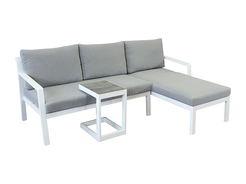 MilaniHome.it - divano con tavolino da esterno in alluminio di design per esterno giardino Divano: cm 70/135x75/140x75 h Tavolino: cm 32x40x53 hdi coloreGrigio