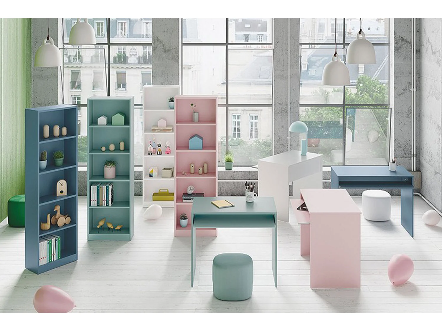 Bibliothèque avec 5 étagères couleur vert - Longueur 52 x Hauteur 180 x Profondeur 25 cm