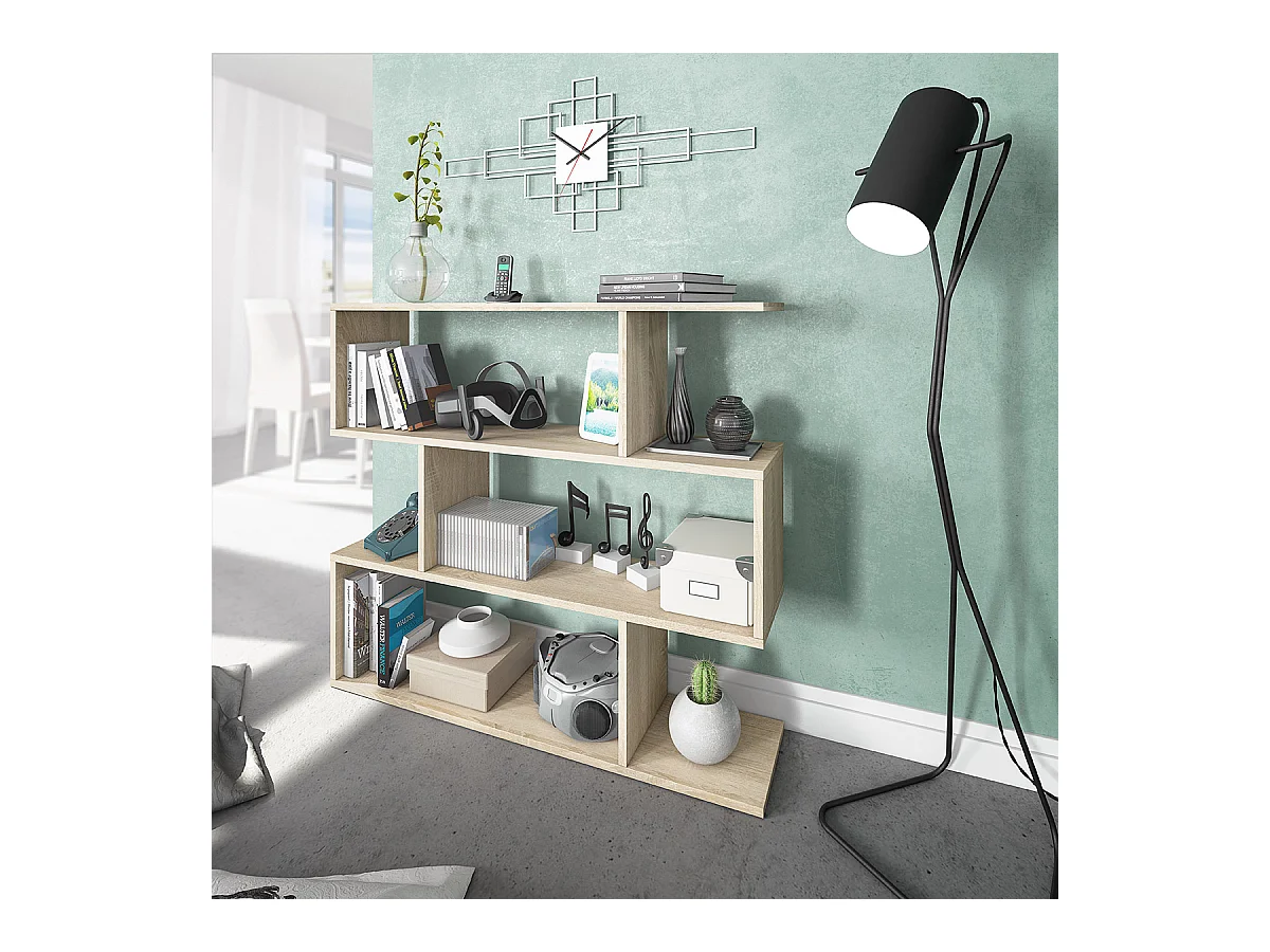 Bibliothèque, étagère basse 3 niveaux en bois mélaminé couleur chêne canadien- Longueur 110 x Hauteur 97 x Profondeur 24 cm