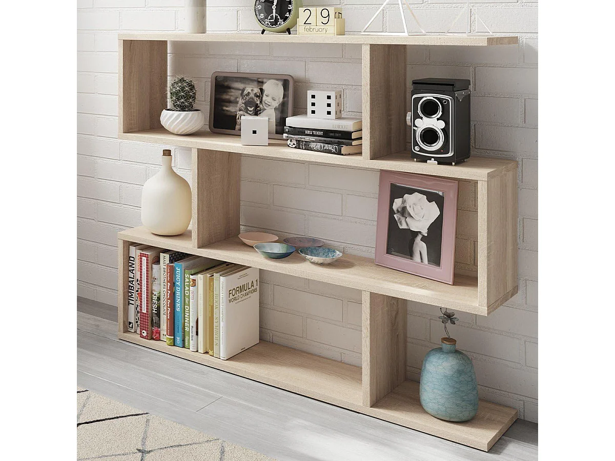 Bibliothèque, étagère basse 3 niveaux en bois mélaminé couleur chêne canadien- Longueur 110 x Hauteur 97 x Profondeur 24 cm