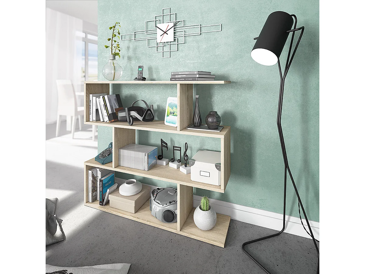 Bibliothèque, étagère basse 3 niveaux en bois mélaminé couleur chêne canadien- Longueur 110 x Hauteur 97 x Profondeur 24 cm