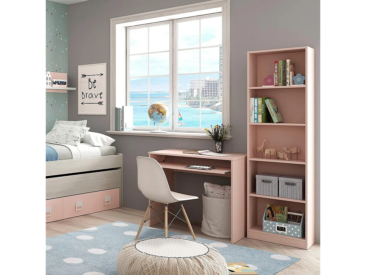 Bibliothèque avec 5 étagères couleur rose - Longueur 52 x Hauteur 180 x Profondeur 25 cm