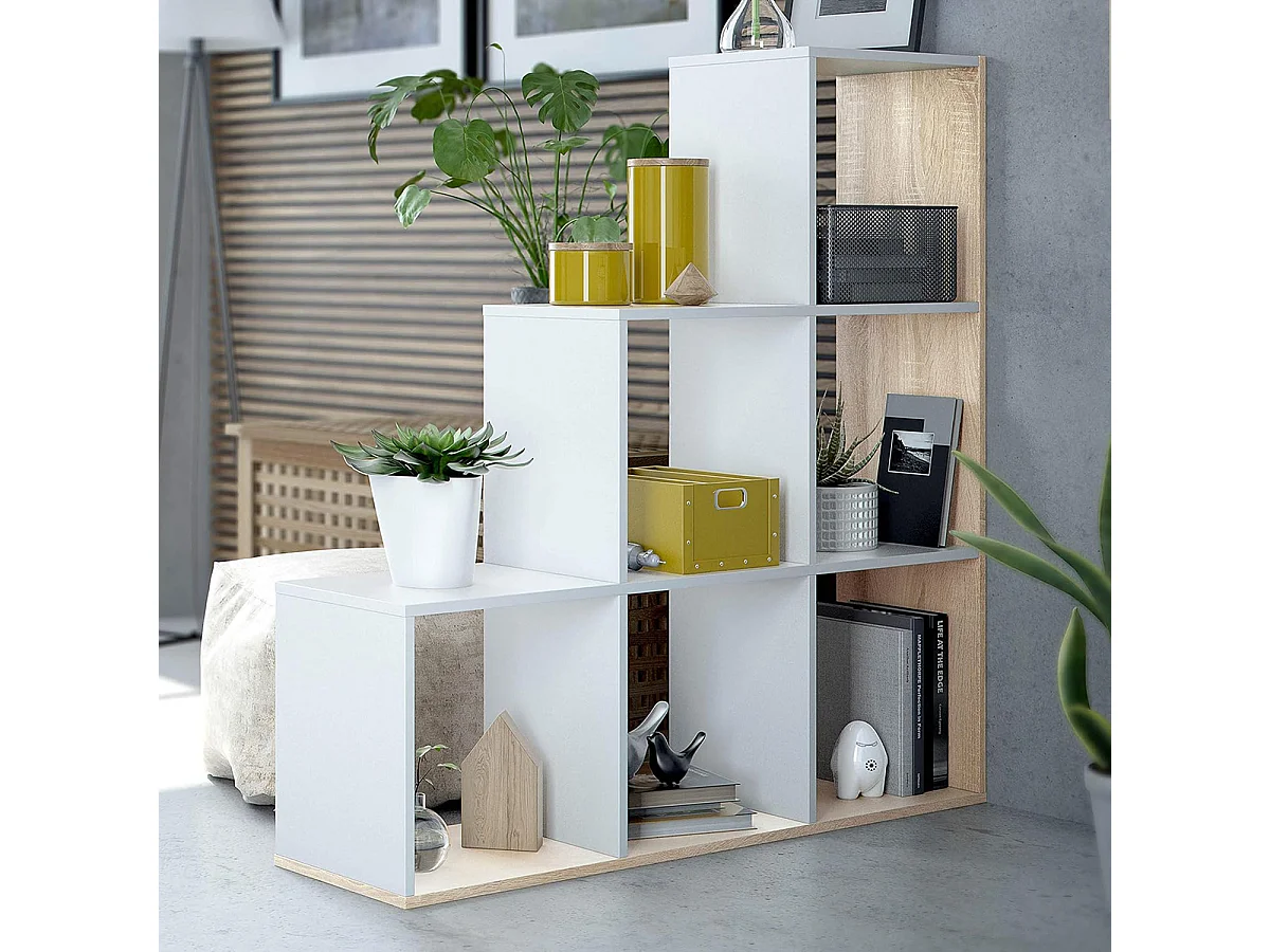 Bibliothèque escalier avec 6 cases couleur chêne candiene / blanc artic -  Longueur 108 x Hauteur 110 x Profondeur 28 cm