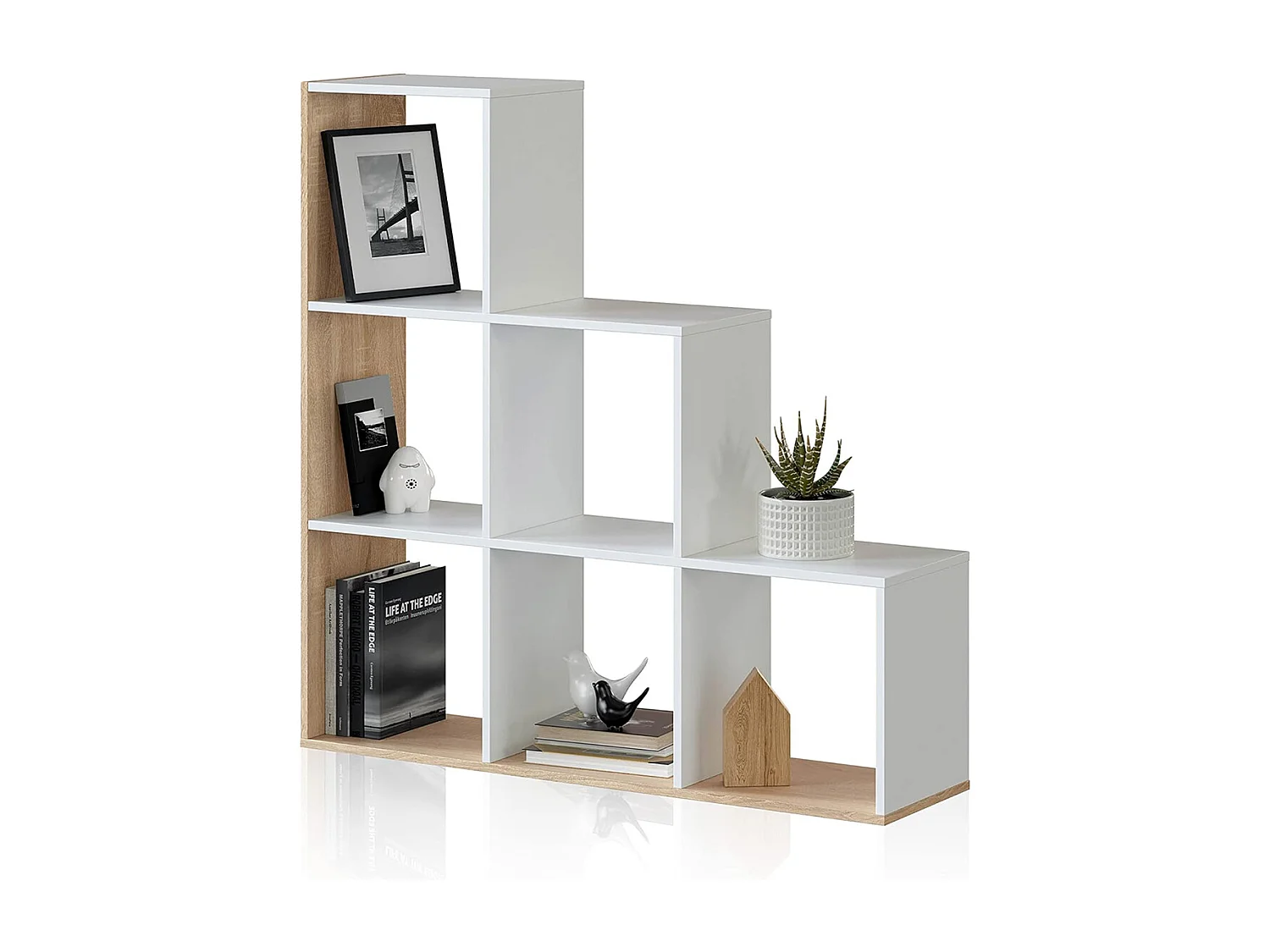 Bibliothèque escalier avec 6 cases couleur chêne candiene / blanc artic -  Longueur 108 x Hauteur 110 x Profondeur 28 cm