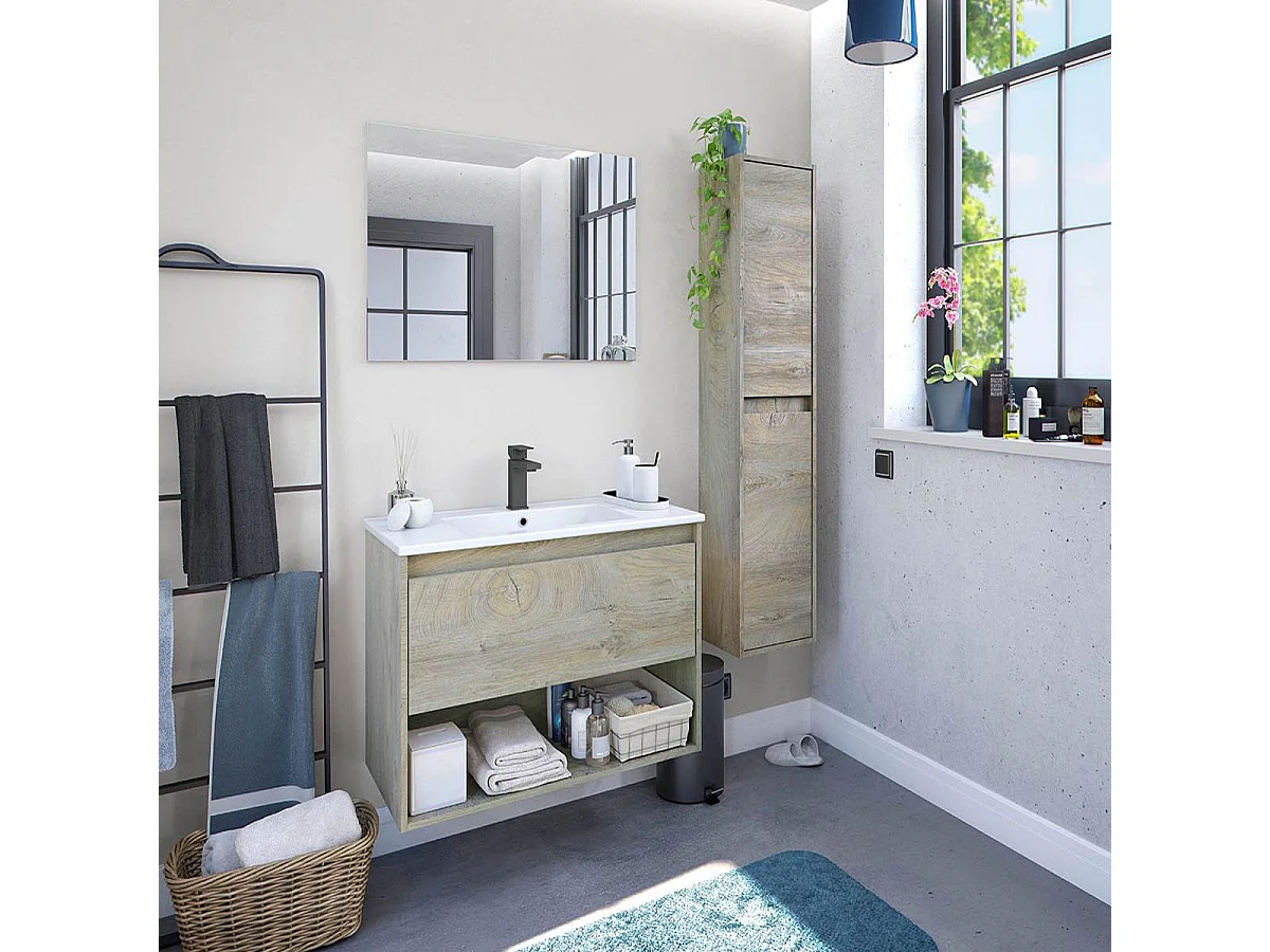 Colonne salle de bain Suspendue à 2 portes couleur alaska chêne nordic -Longueur 30 cm x Hauteur 140 cm x Profondeur 25,5 cm