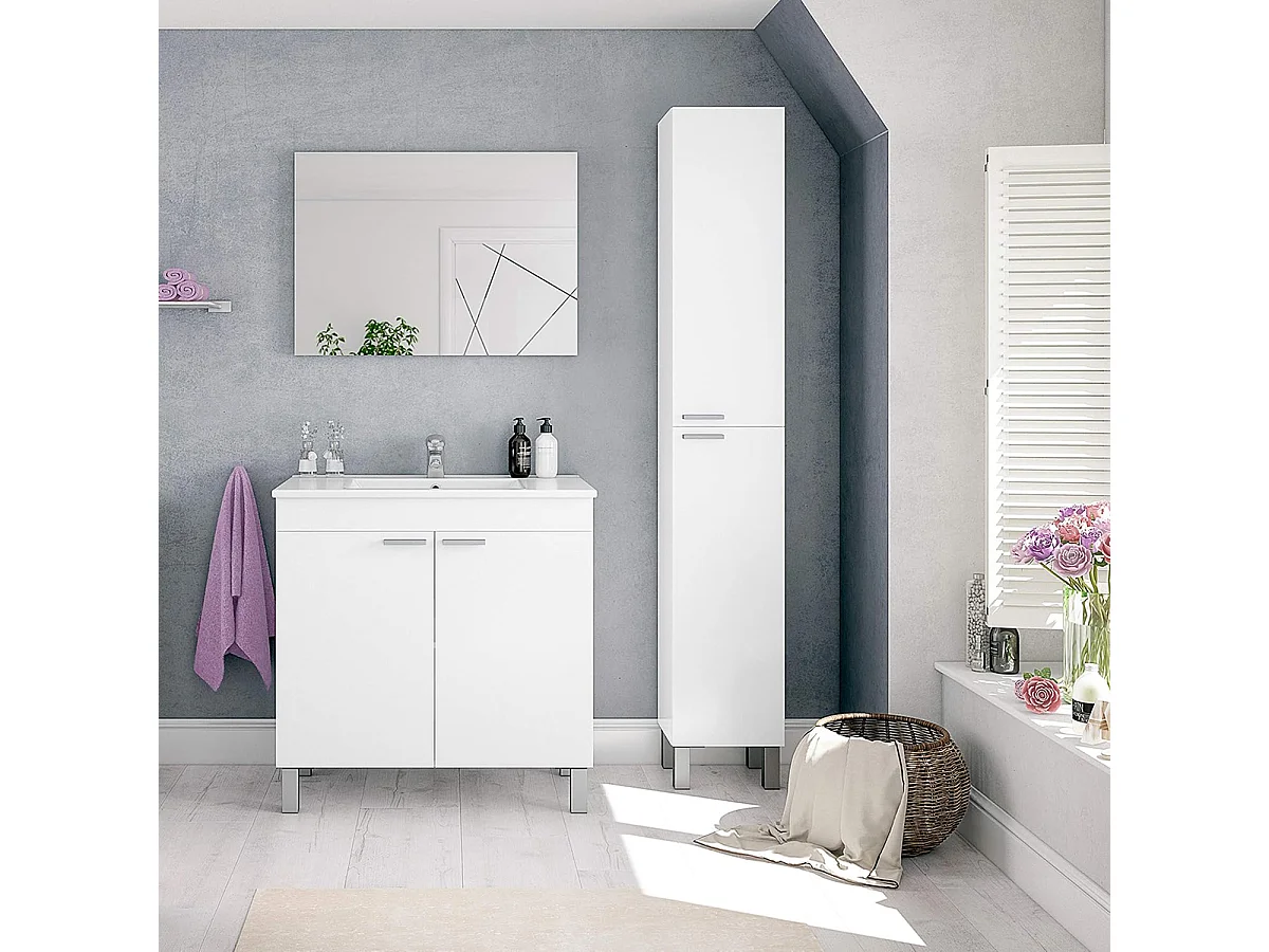 Colonne meuble salle de bain avec 2 portes couleur blanc brillant - Longueur 30 x Hauteur 182 x Profondeur 25 cm