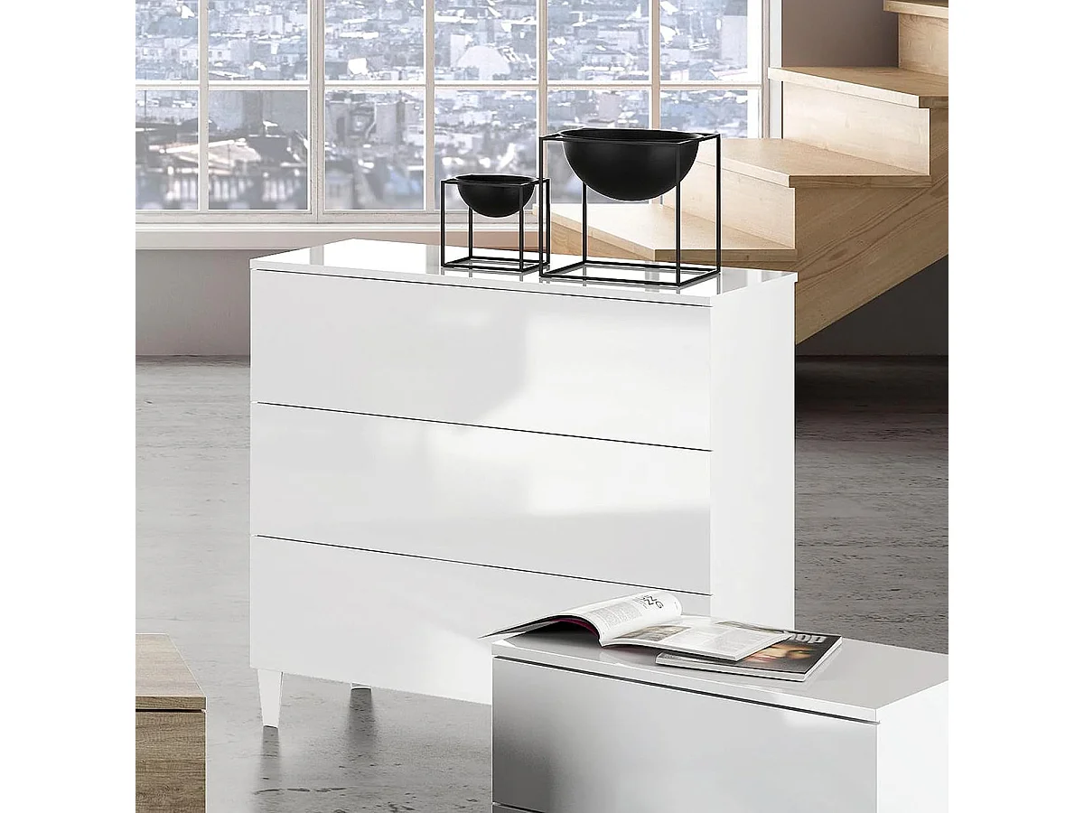 Commode en bois couleur blanc brillant avec 3 tiroirs - Longueur 80 x Hauteur 76 x Profondeur 40 cm