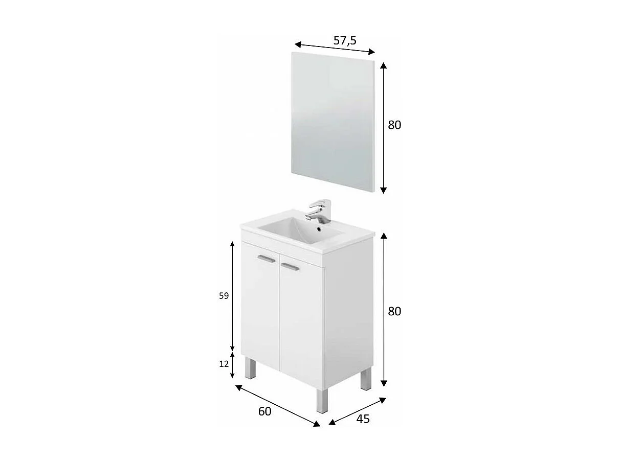 Meuble salle de bain Sous-vasque 60 cm avec 2 portes + Miroir couleur blanc brillant - Longueur 60 x Hauteur 80 x Profondeur 45 cm