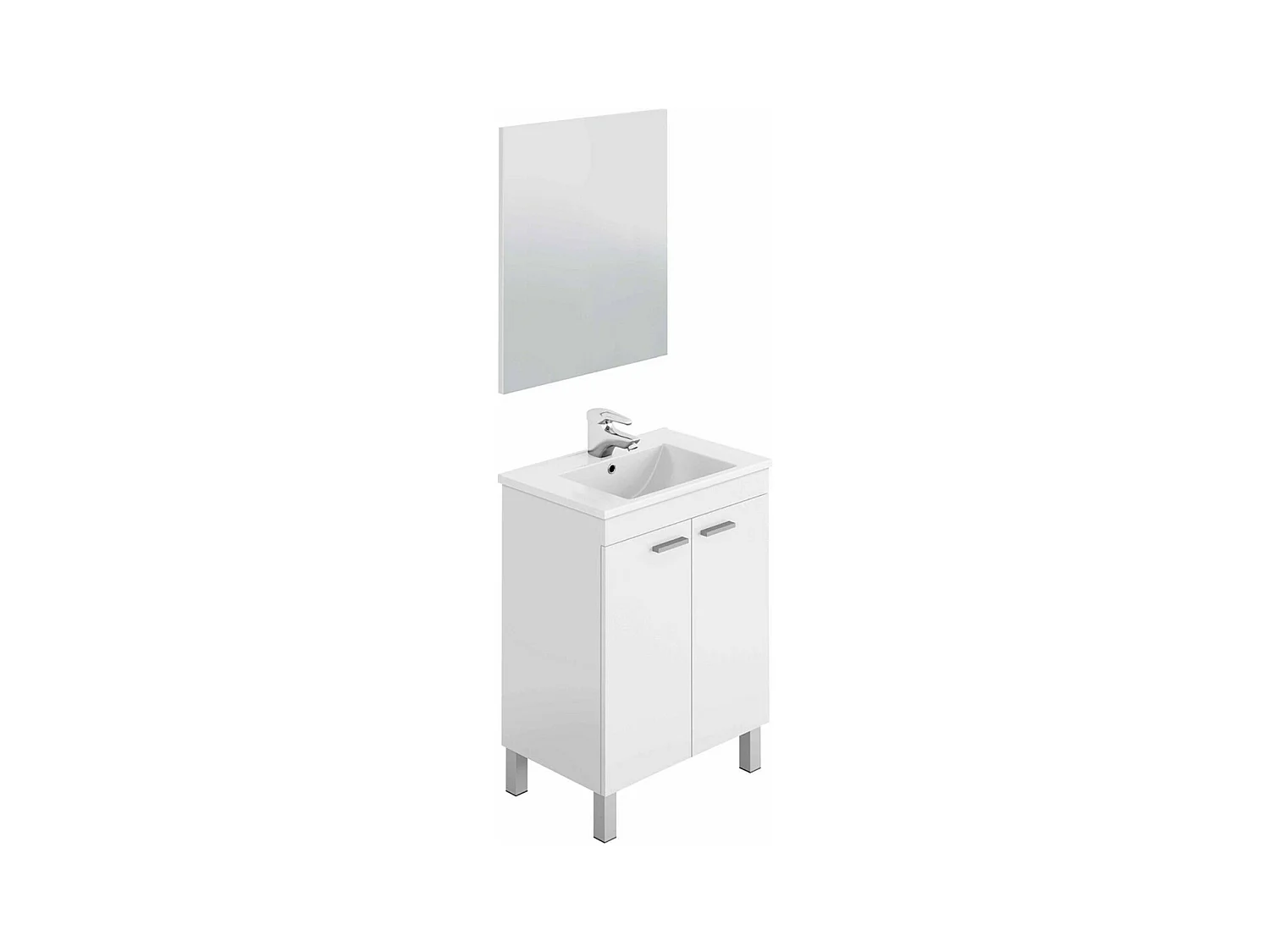 Meuble salle de bain Sous-vasque 60 cm avec 2 portes + Miroir couleur blanc brillant - Longueur 60 x Hauteur 80 x Profondeur 45 cm