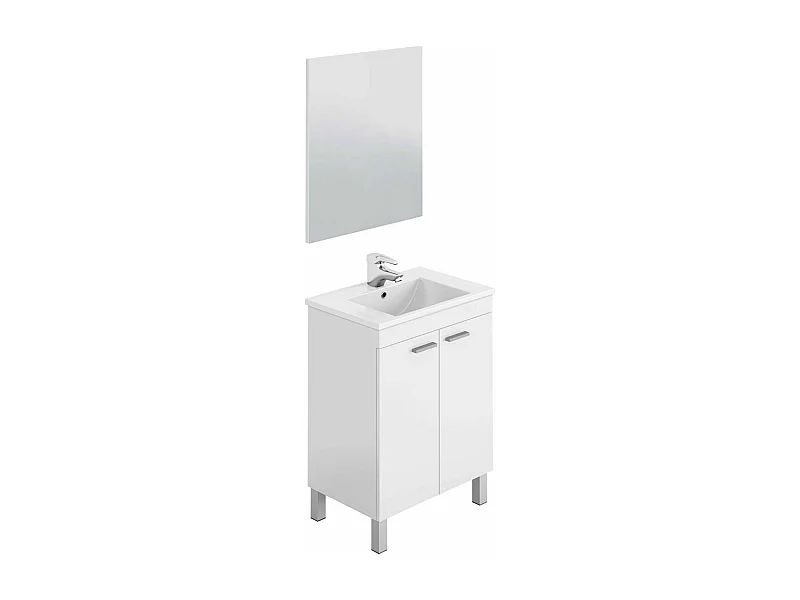 Meuble salle de bain Sous-vasque 60 cm avec 2 portes + Miroir couleur blanc brillant - Longueur 60 x Hauteur 80 x Profondeur 45 cm
