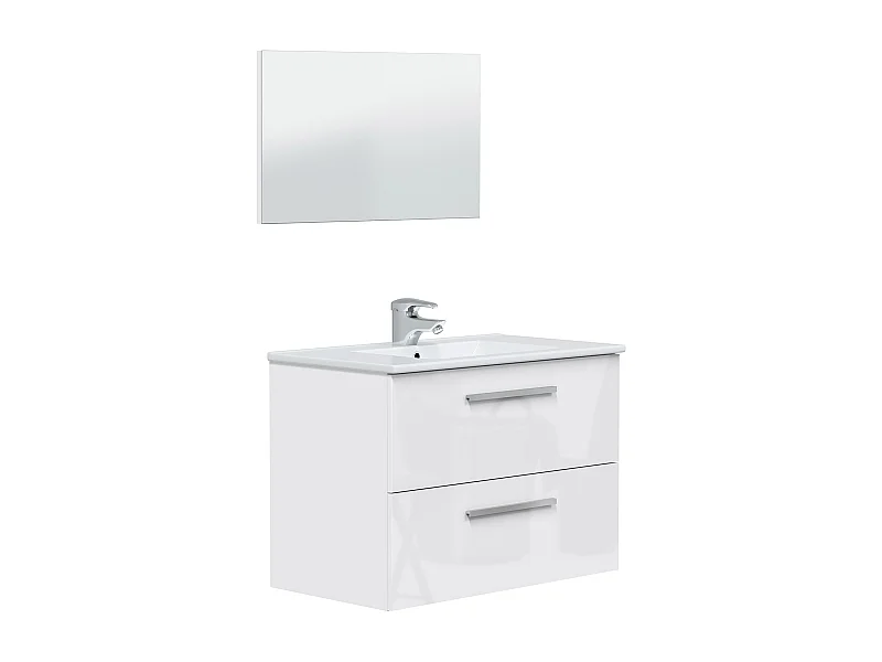 Meuble sous vasque de salle de bain Suspendu avec 2 tiroirs couleur blanc + Miroir - Longueur 80 x Hauteur 57 x Profondeur 45 cm