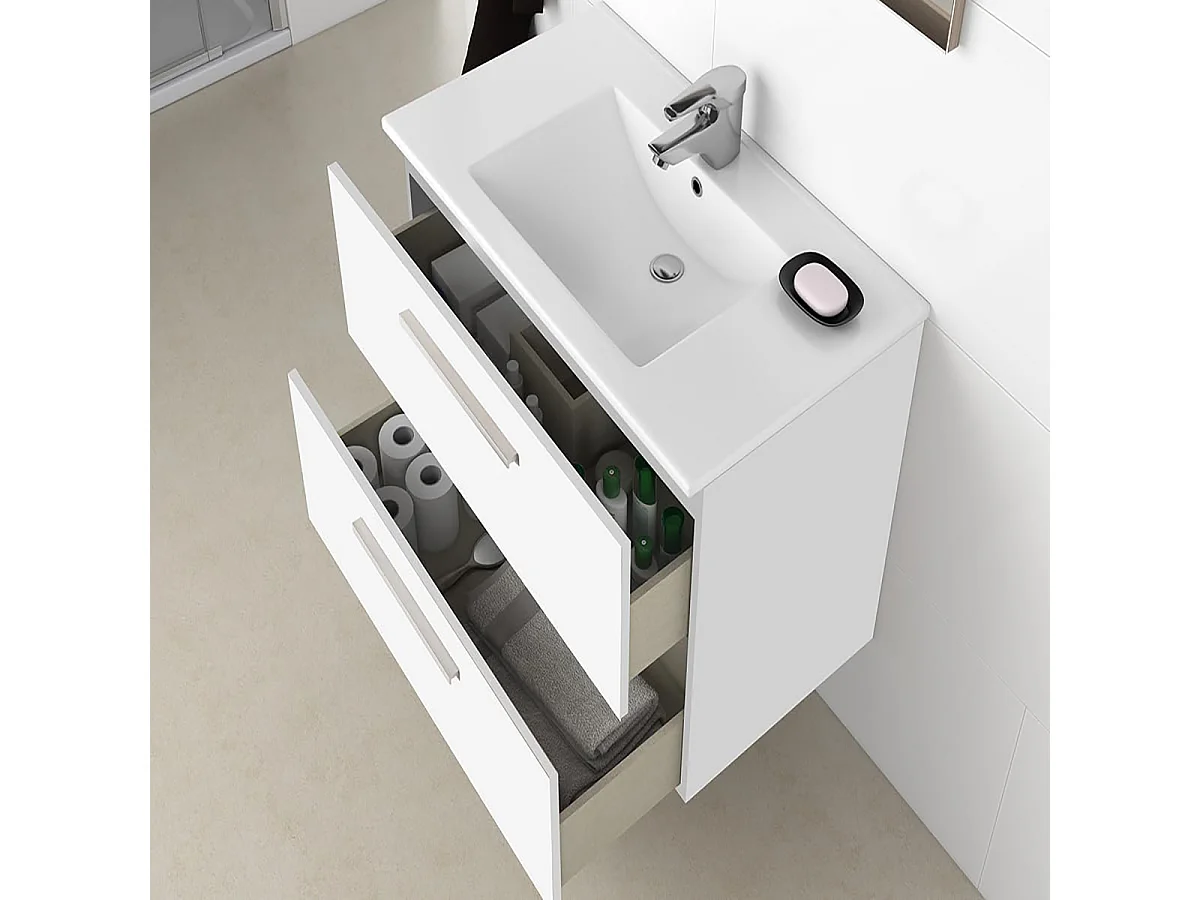 Meuble sous vasque de salle de bain Suspendu avec 2 tiroirs couleur blanc + Miroir - Longueur 80 x Hauteur 57 x Profondeur 45 cm