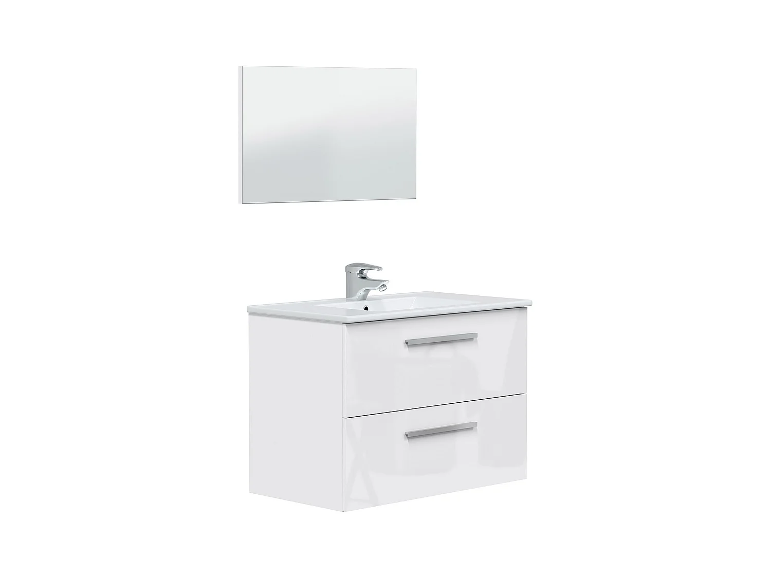 Meuble sous vasque de salle de bain Suspendu avec 2 tiroirs couleur blanc + Miroir - Longueur 80 x Hauteur 57 x Profondeur 45 cm