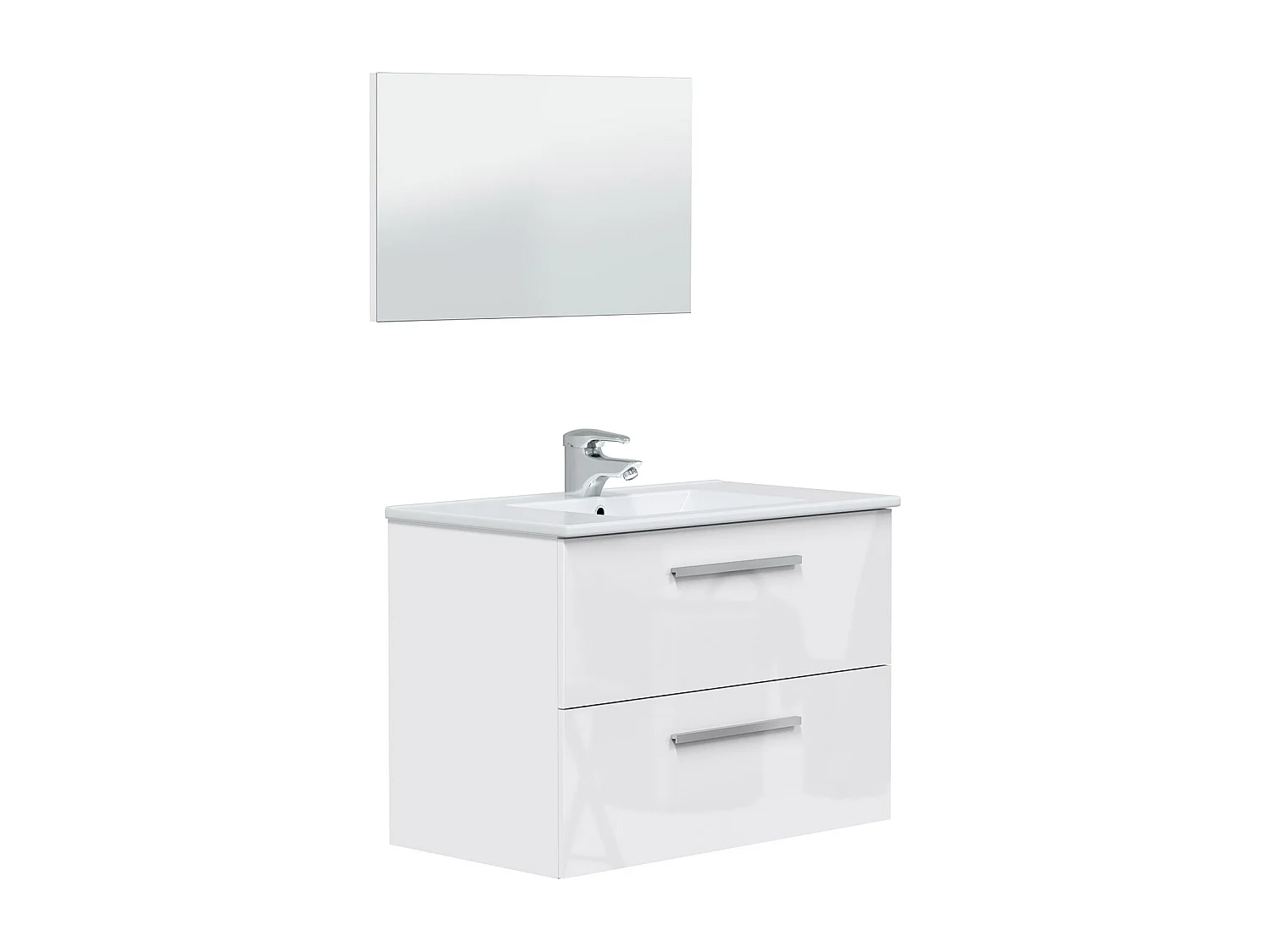 Meuble sous vasque de salle de bain Suspendu avec 2 tiroirs couleur blanc + Miroir - Longueur 80 x Hauteur 57 x Profondeur 45 cm