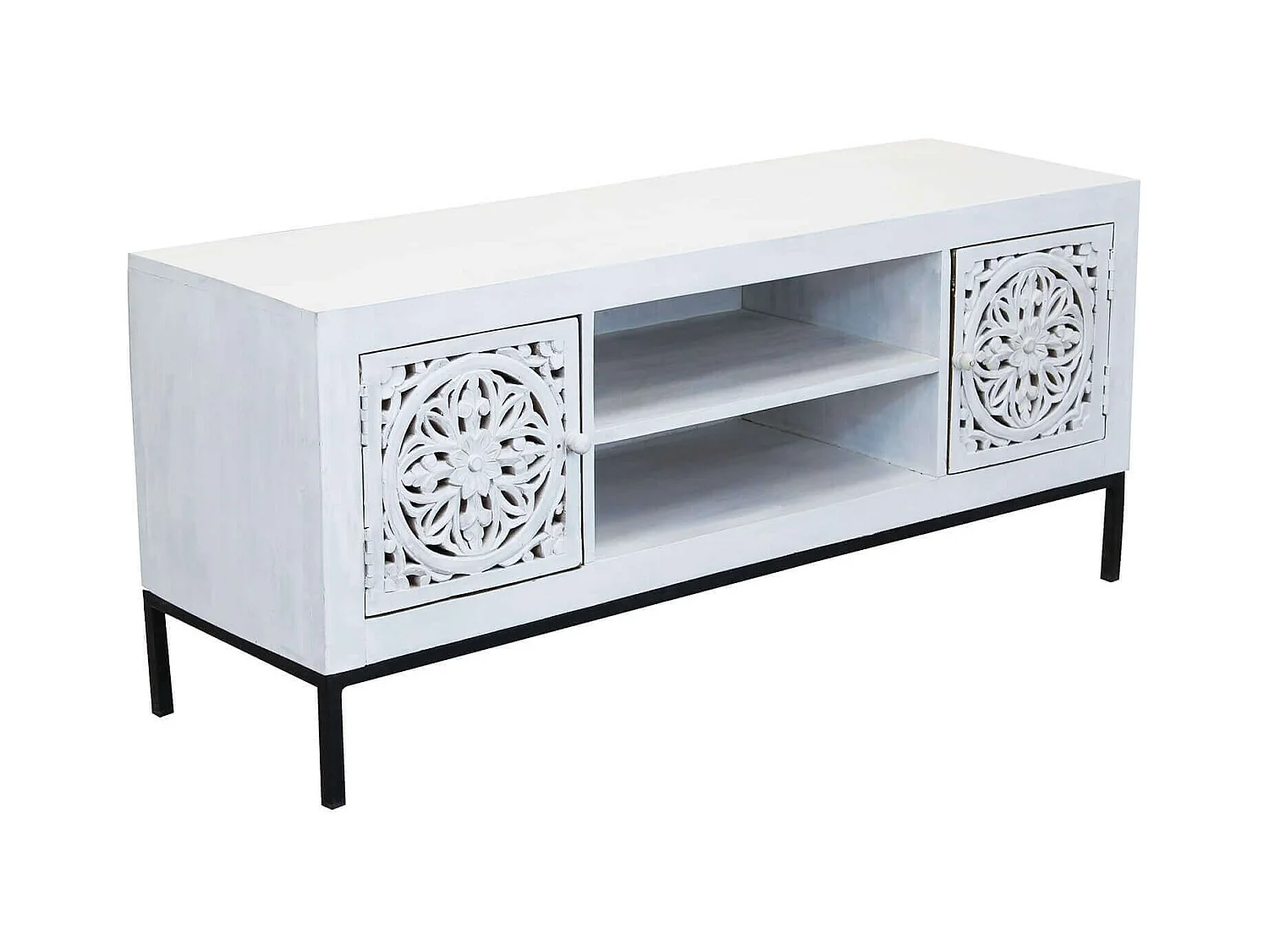 MilaniHome.it - Porta tv con decoro sbiancato con 2 ante e 2 ripiani in legno di mango con struttura in ferro cm 130x40x55 hdi coloreMarrone