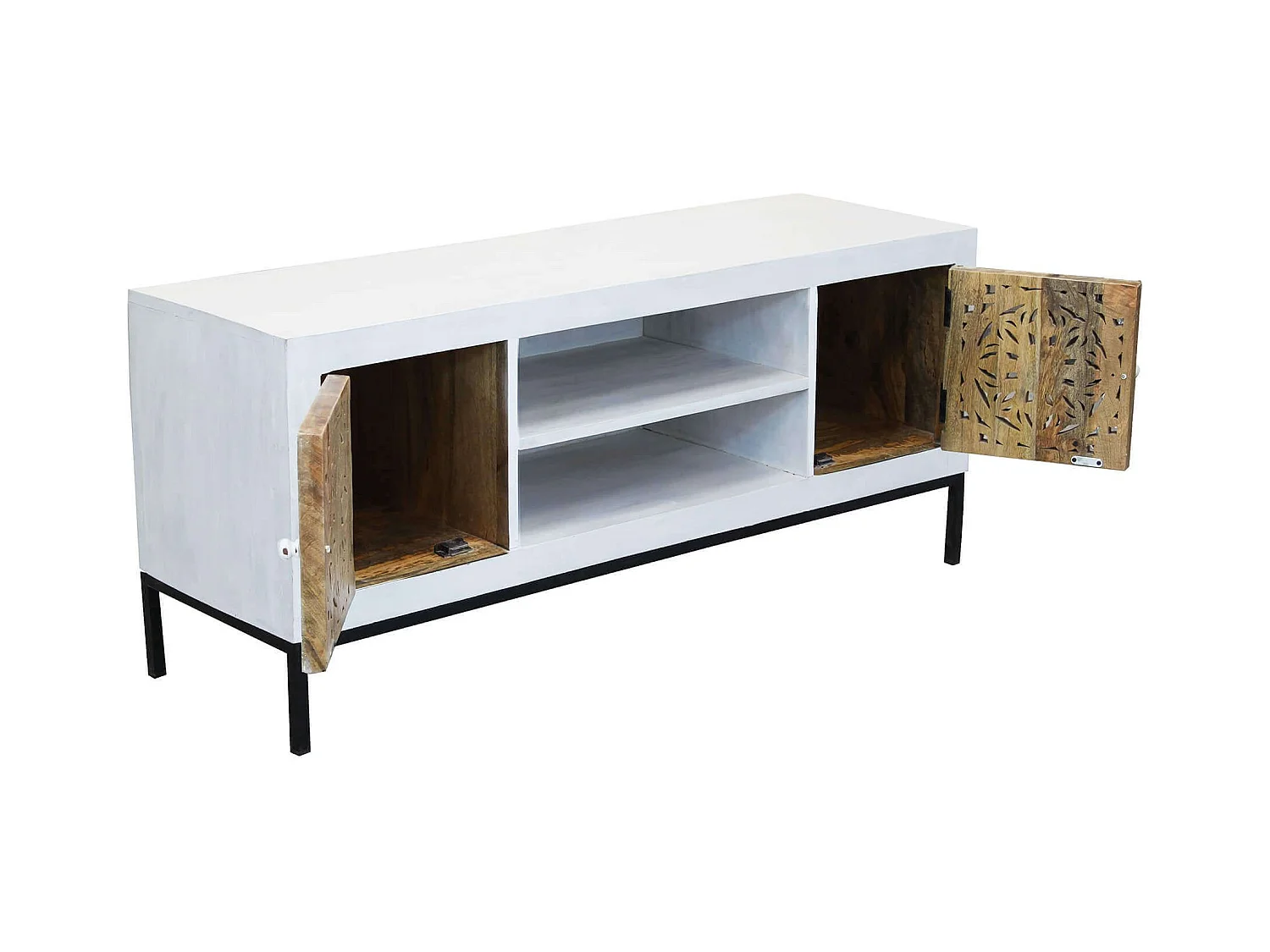 MilaniHome.it - Porta tv con decoro sbiancato con 2 ante e 2 ripiani in legno di mango con struttura in ferro cm 130x40x55 hdi coloreMarrone
