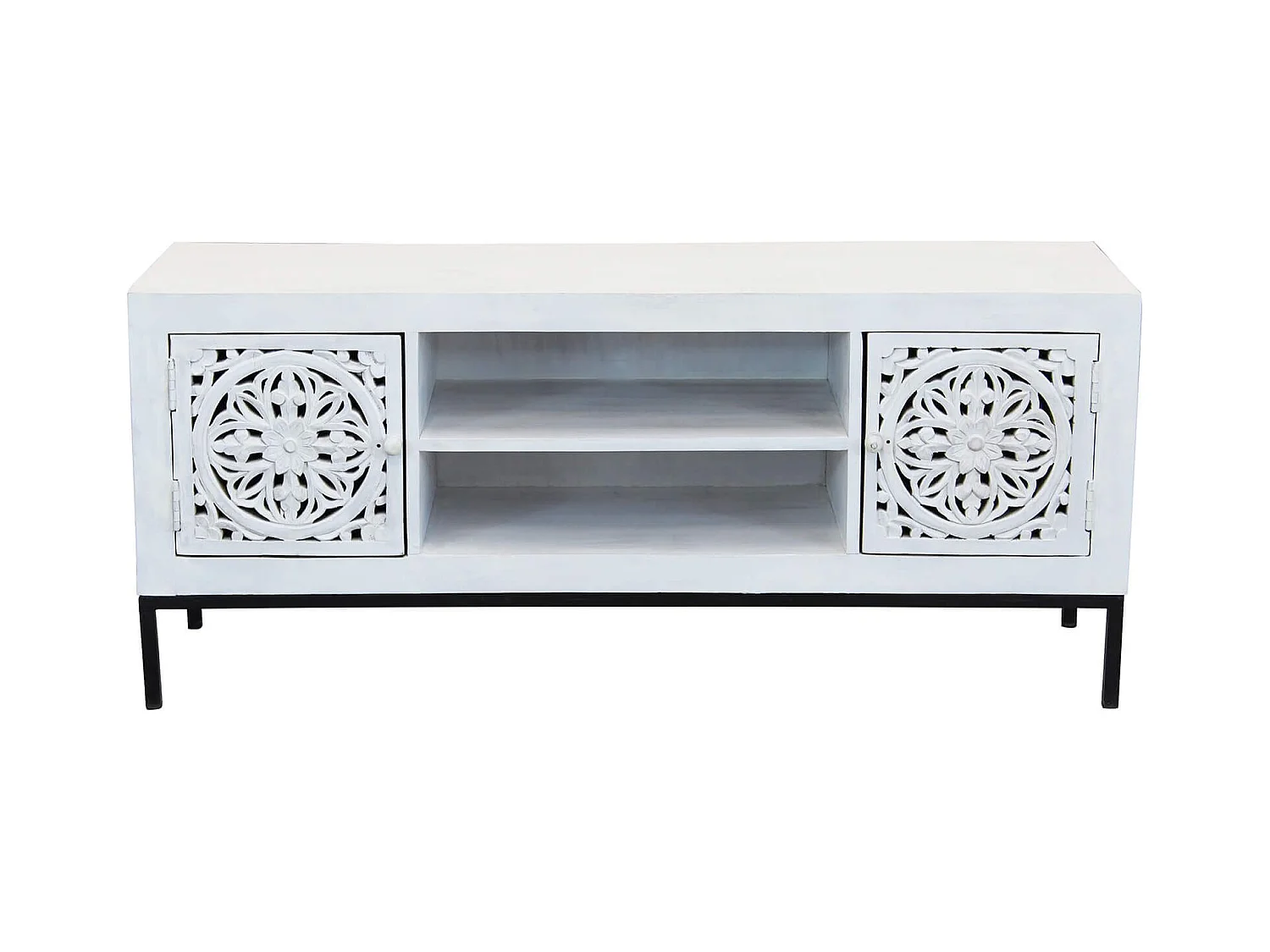 MilaniHome.it - Porta tv con decoro sbiancato con 2 ante e 2 ripiani in legno di mango con struttura in ferro cm 130x40x55 hdi coloreMarrone
