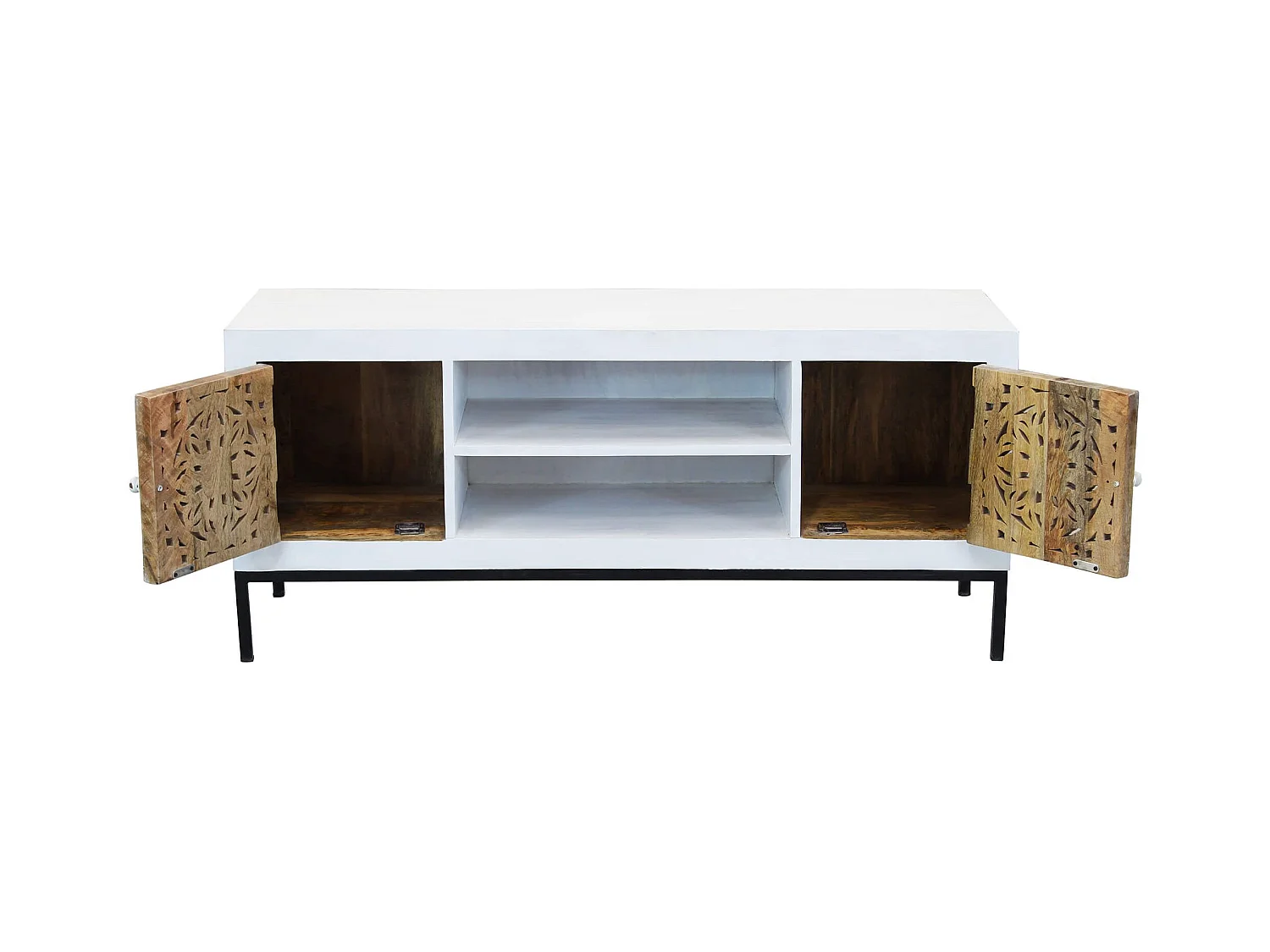 MilaniHome.it - Porta tv con decoro sbiancato con 2 ante e 2 ripiani in legno di mango con struttura in ferro cm 130x40x55 hdi coloreMarrone